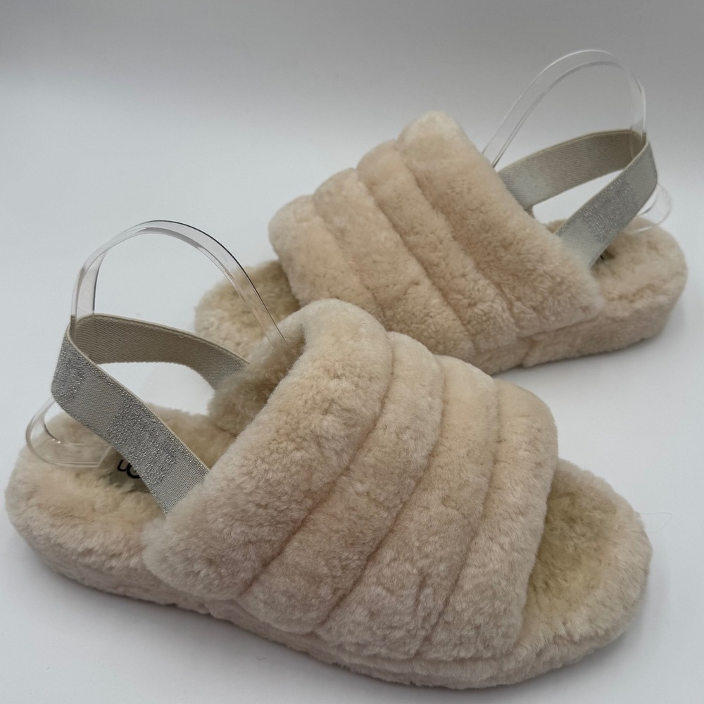UGG Slingback Slippers Womens US‎ 12 Cream Open Toe Fluffy Furry Cozy Loungewear